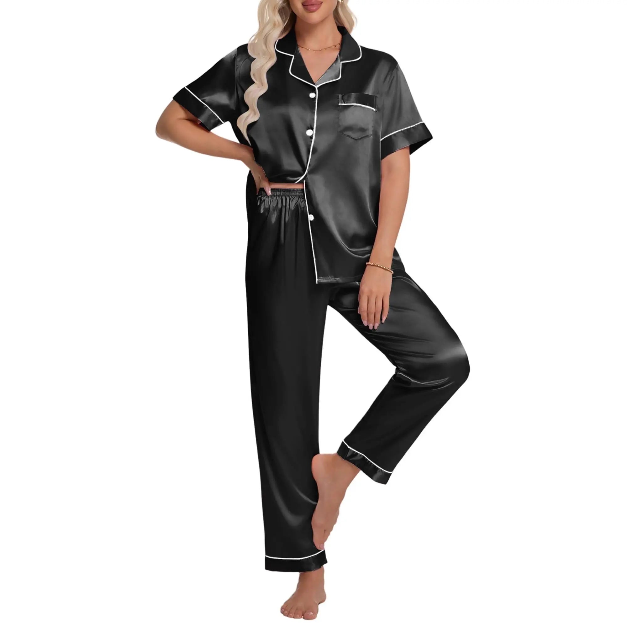 DAKIMOE Silk Satin Pajamas Set for Women – Mother'S Day Gift, Two-Piece Short Sleeve Shirt with Long Pajama Pant Set, Soft Button down Loungewear Nightwear Pjs Sleepwear, Elastic Bottoms – Perfect Pajama Present for Mom