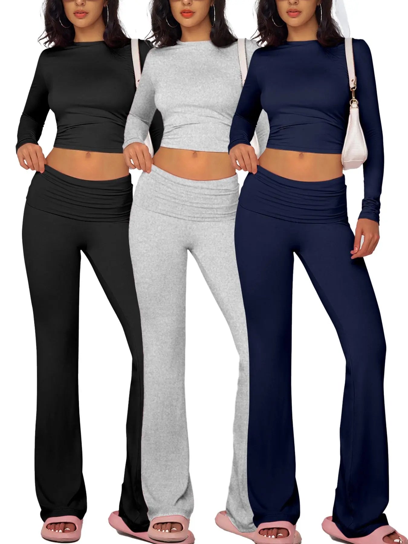 Elevate Your Comfort: Women's Solid Mock Neck Long Sleeve Tee & Flare Leg Pants Loungewear Set - Perfect for Cozy Days and Relaxing Nights